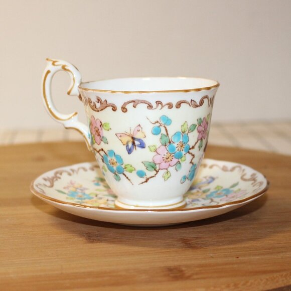 Vtg Crown Staffordshire Hand Painted Footed Teacup & Saucer Floral Butterflies - Picture 1 of 8